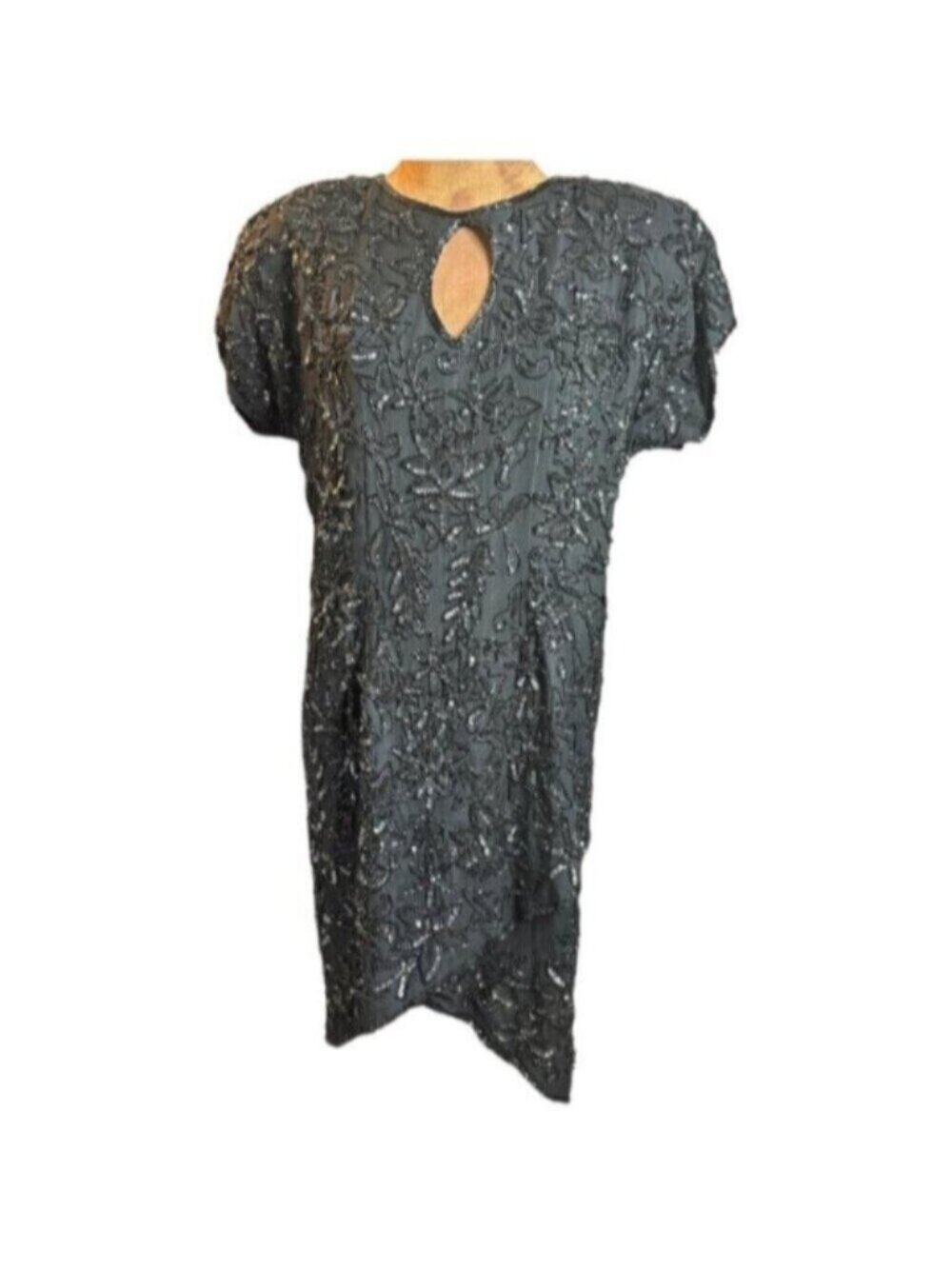 Vintage 80s Black Beaded Silk Cocktail Dress Size M